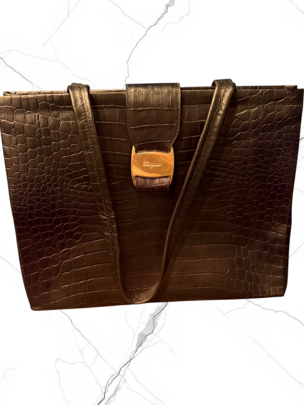 Authentic | Pre-Owned | Excellent Condition | Vintage Salvatore Ferragamo Vara Black Crocodile embossed leather tote bag | COA Included
