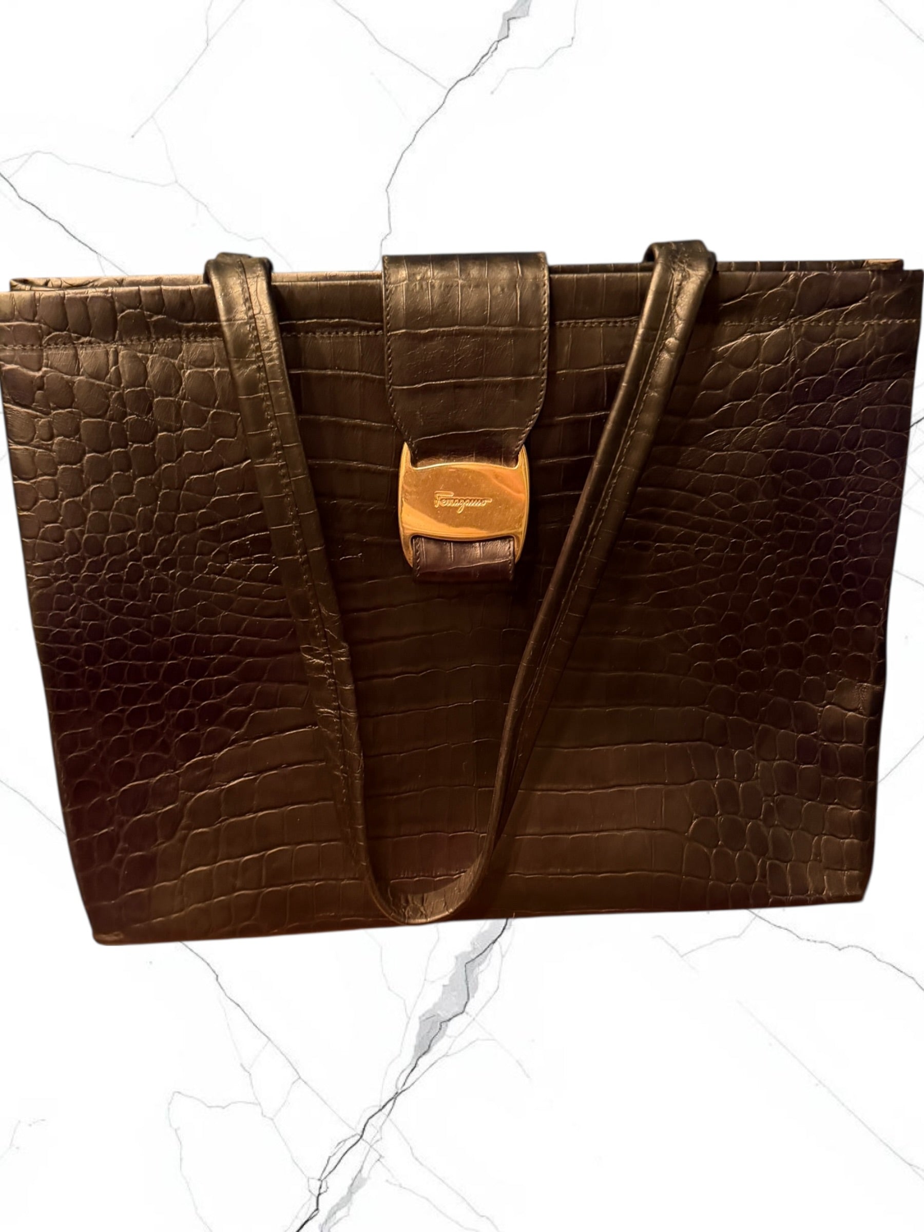Authentic | Pre-Owned | Excellent Condition | Vintage Salvatore Ferragamo Vara Black Crocodile embossed leather tote bag | COA Included