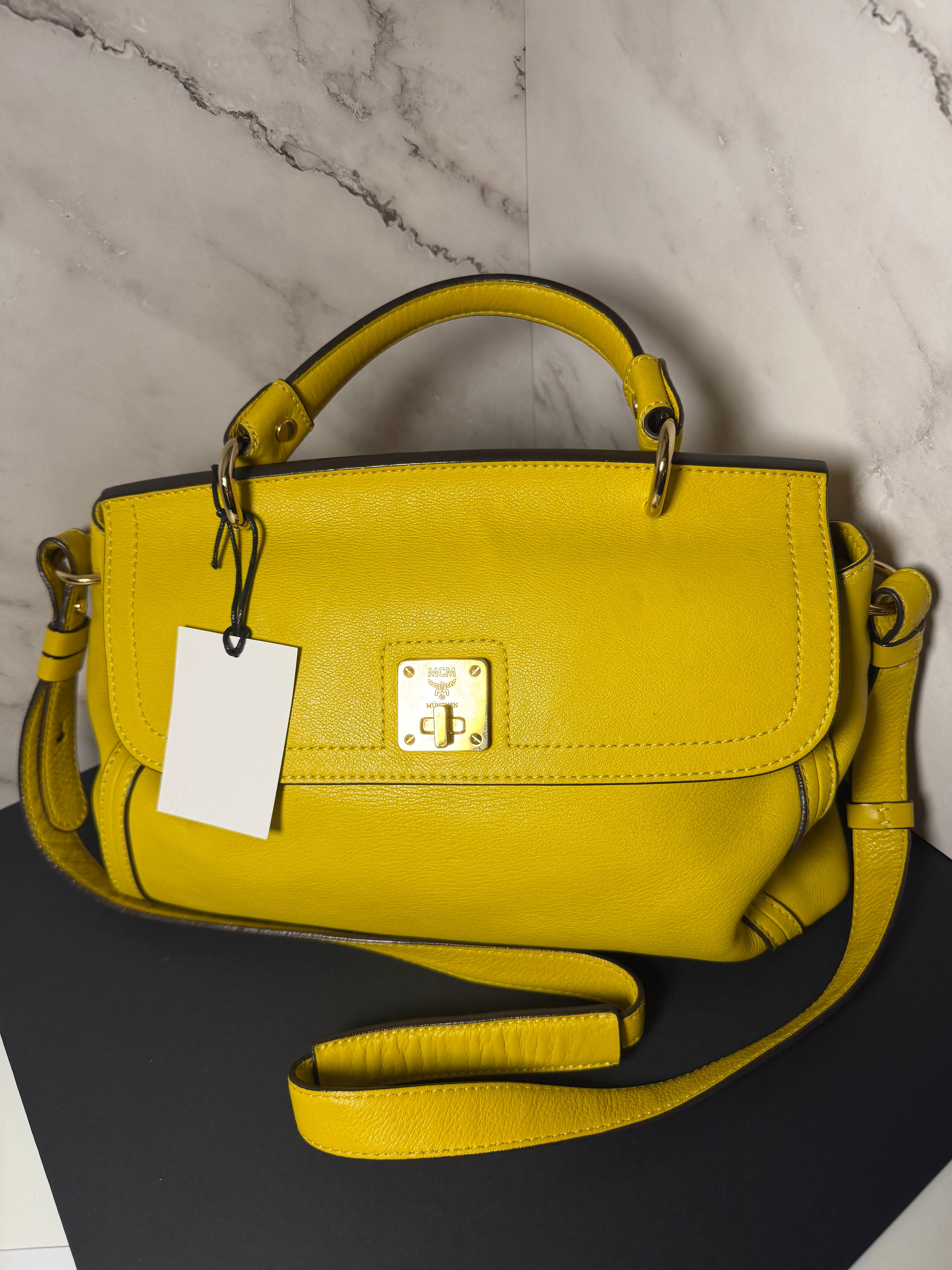 MCM Leather Top Handle Satchel with Strap - Yellow