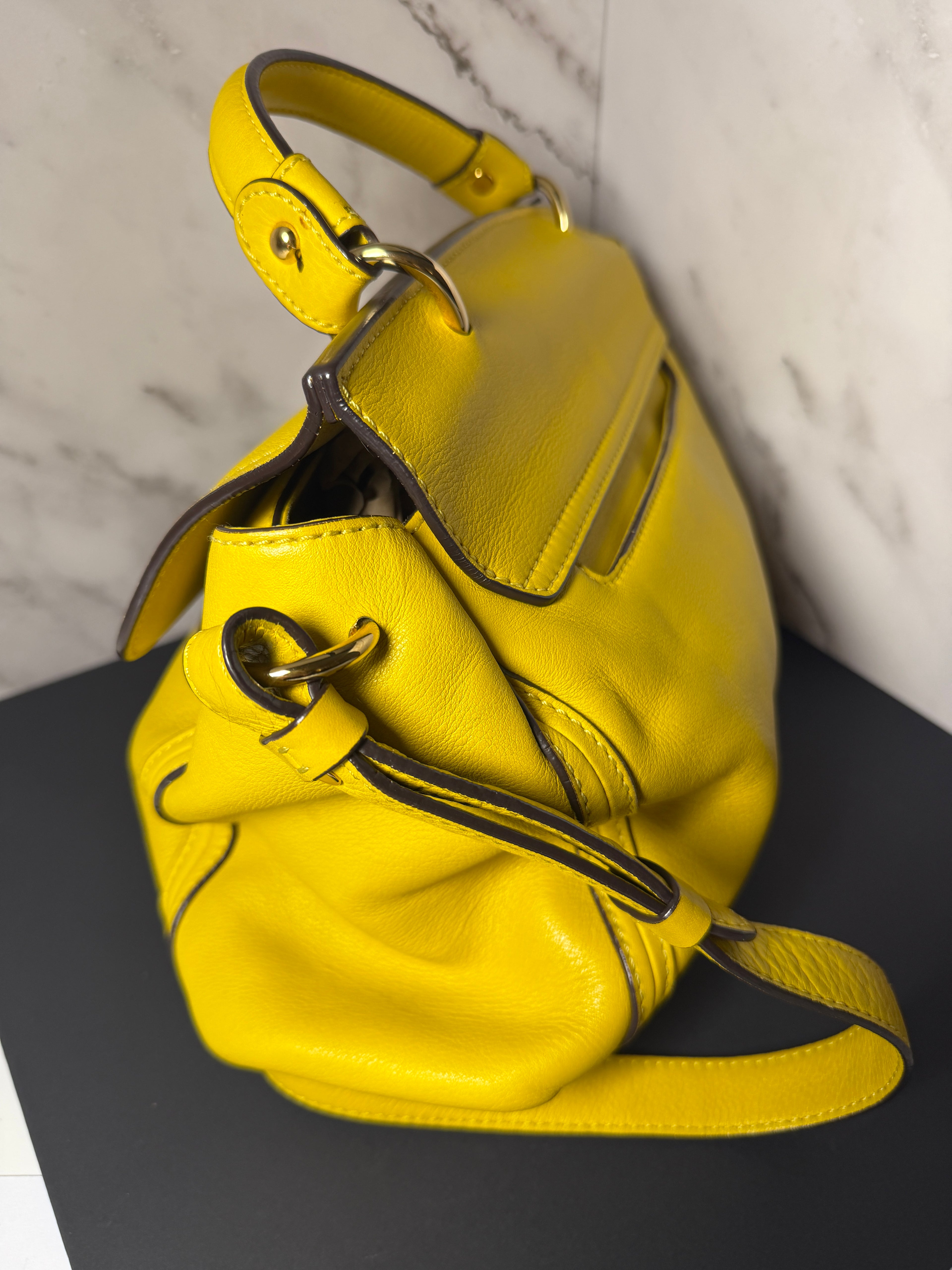 MCM Leather Top Handle Satchel with Strap - Yellow