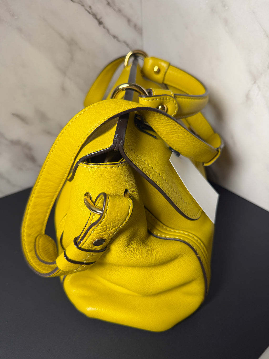 MCM Leather Top Handle Satchel with Strap - Yellow