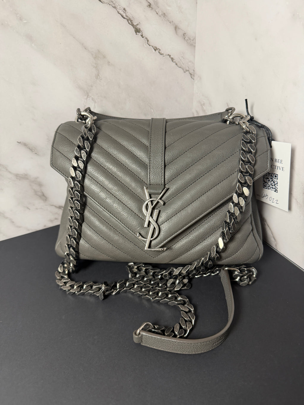 YSL Chevron Monogram Medium College Bag Granite