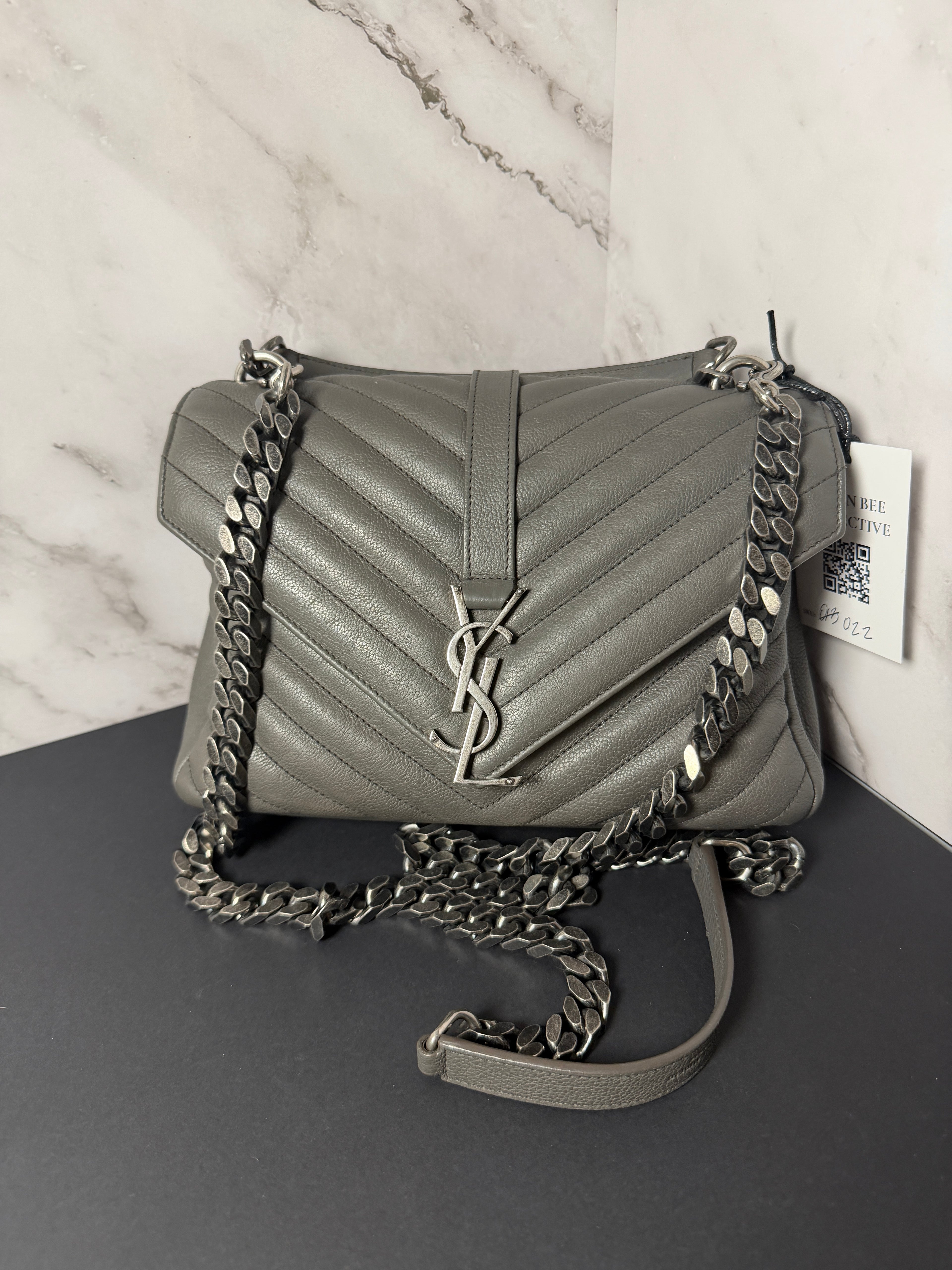 YSL Chevron Monogram Medium College Bag Granite