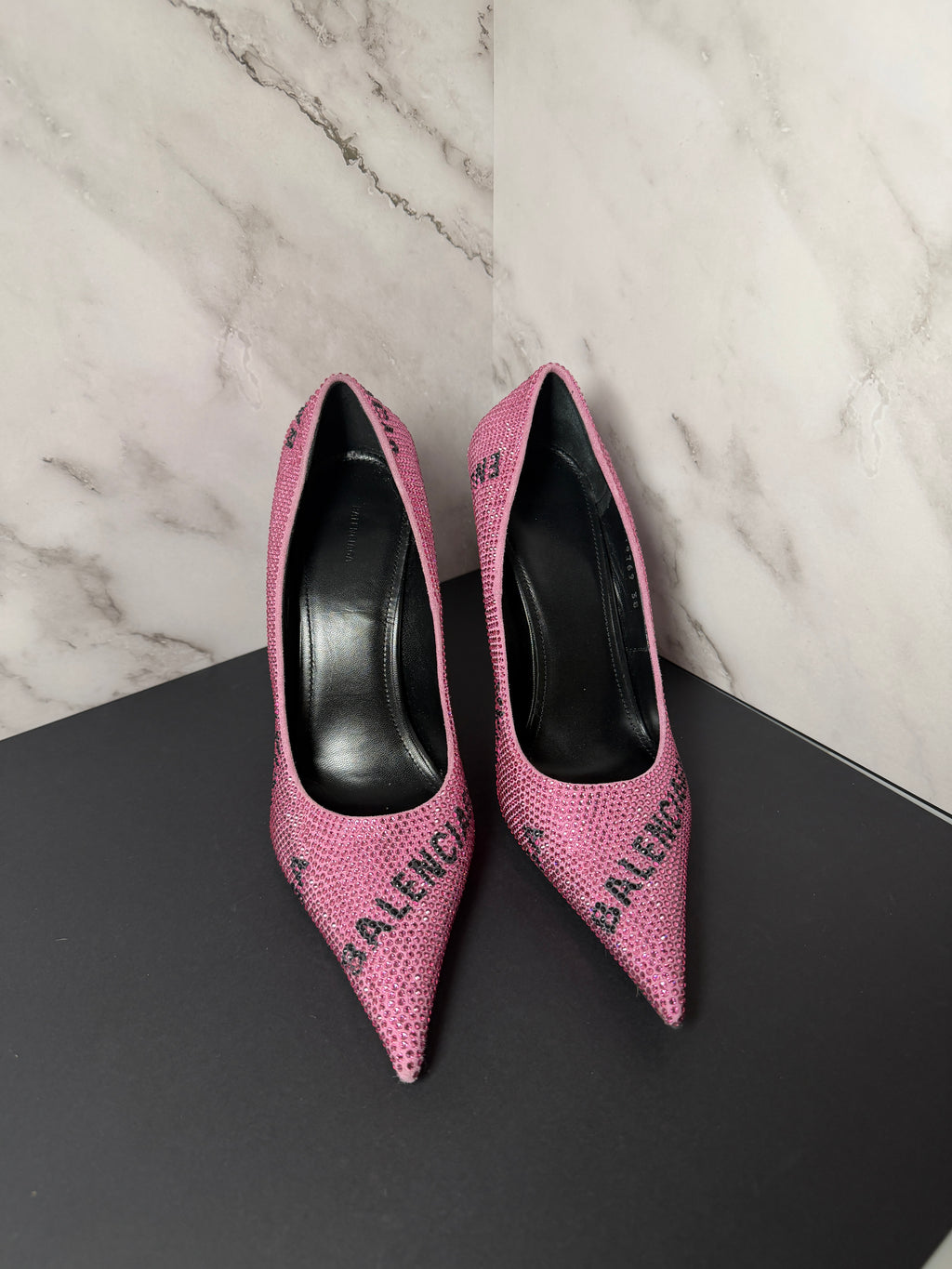 Balenciaga Square Knife Strass Logo Pink Rhinestone Embellished Pointed-Toe Pumps - New