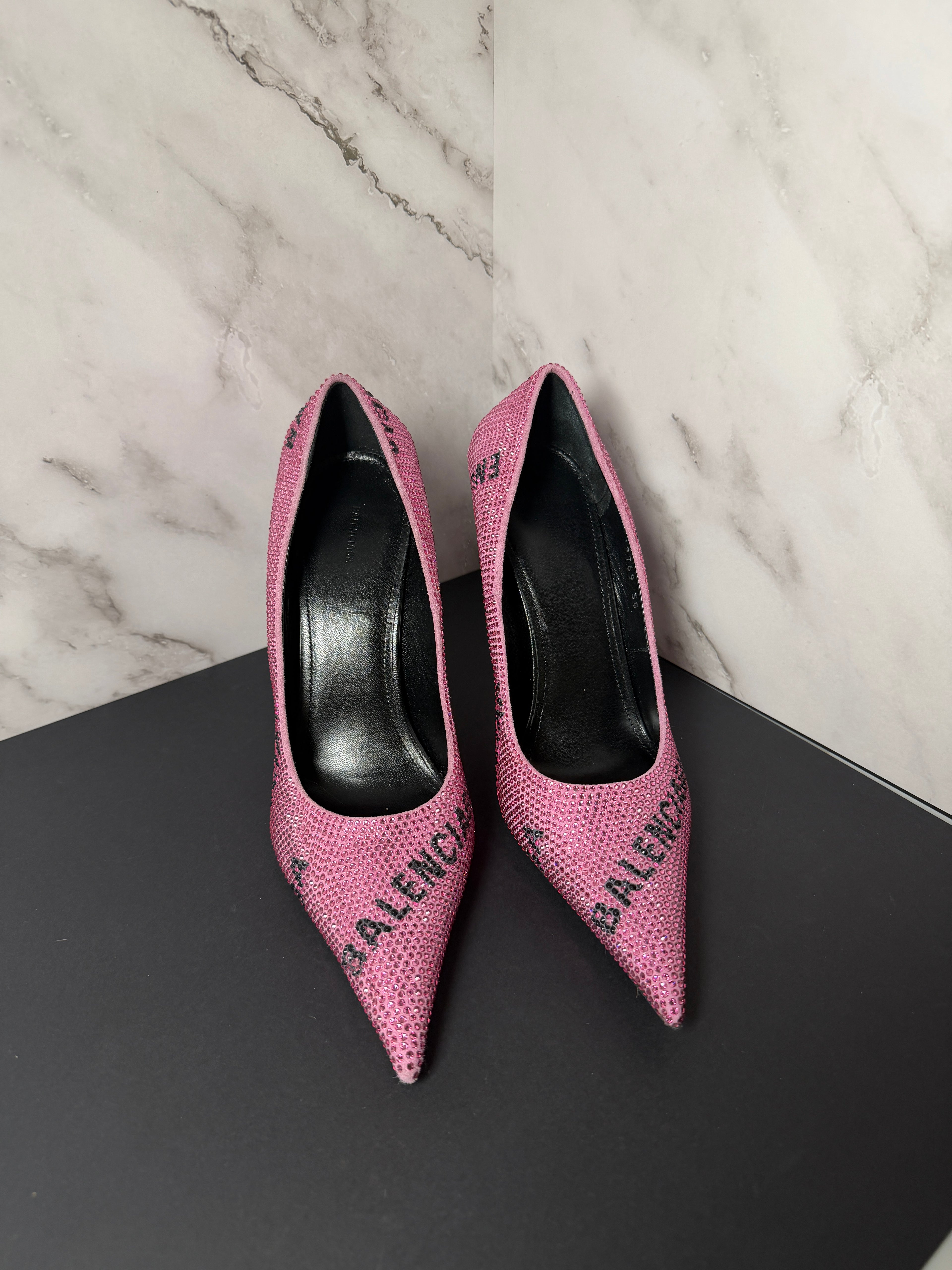 Balenciaga Square Knife Strass Logo Pink Rhinestone Embellished Pointed-Toe Pumps - New