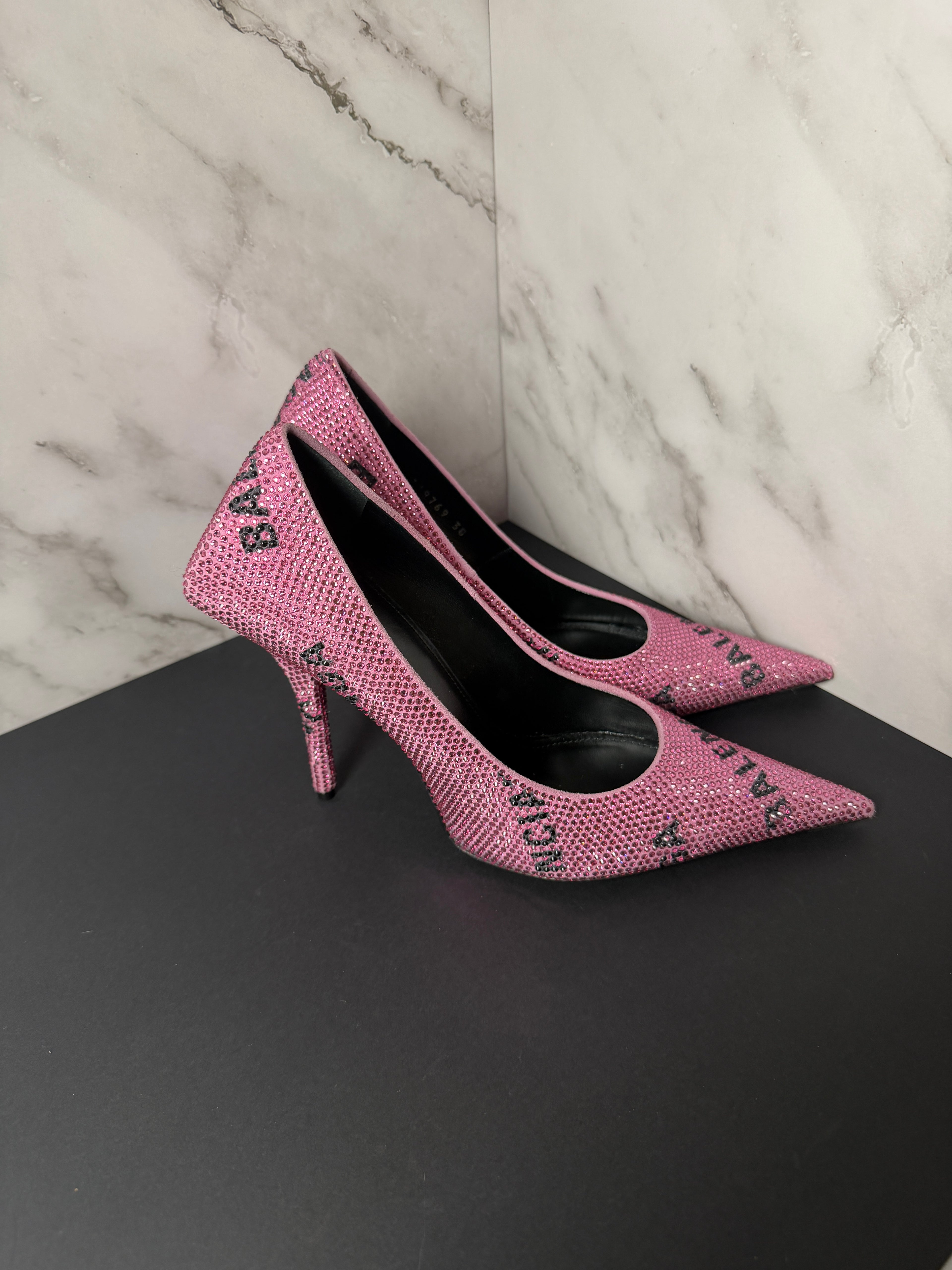 Balenciaga Square Knife Strass Logo Pink Rhinestone Embellished Pointed-Toe Pumps - New