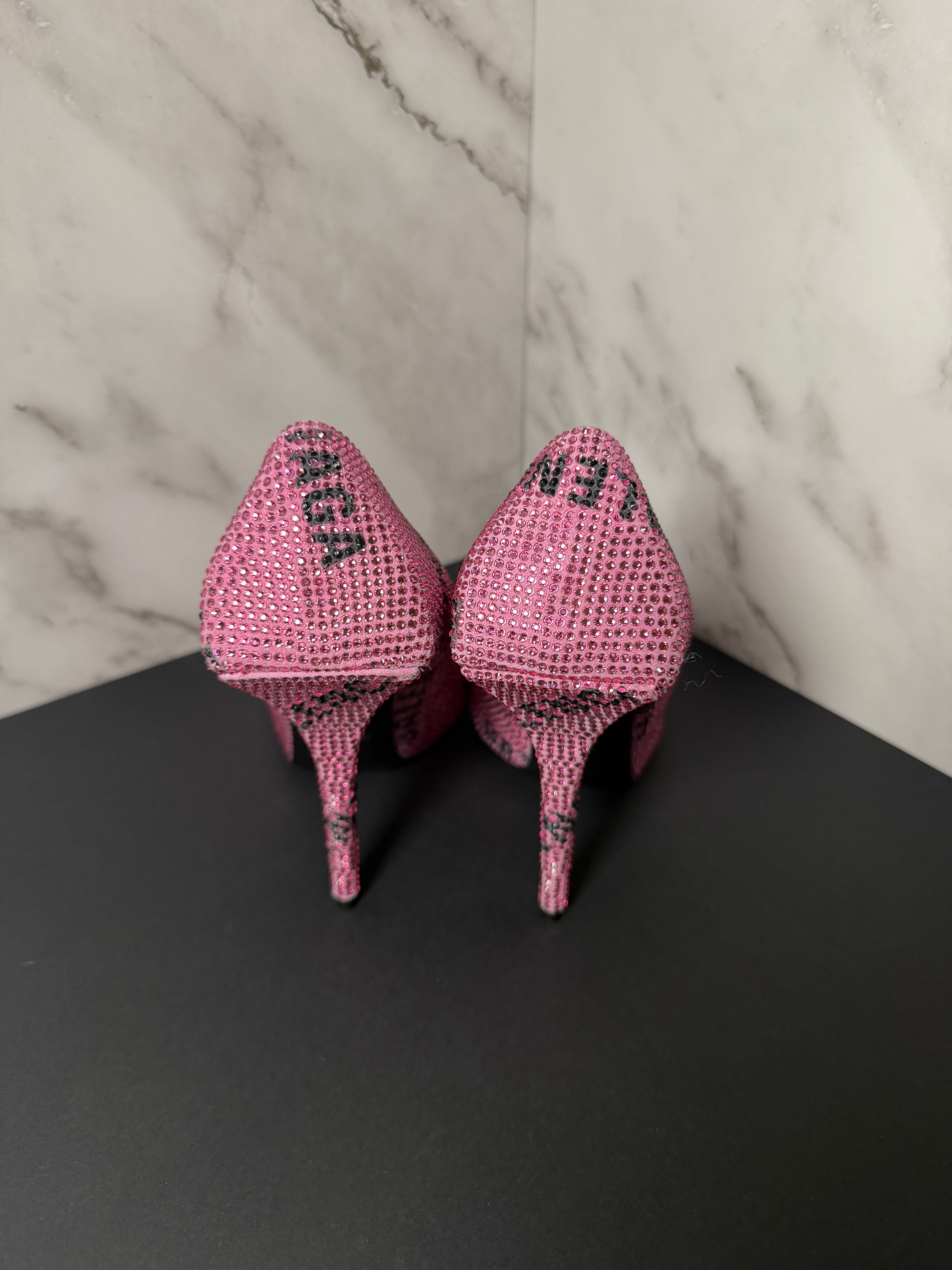 Balenciaga Square Knife Strass Logo Pink Rhinestone Embellished Pointed-Toe Pumps - New