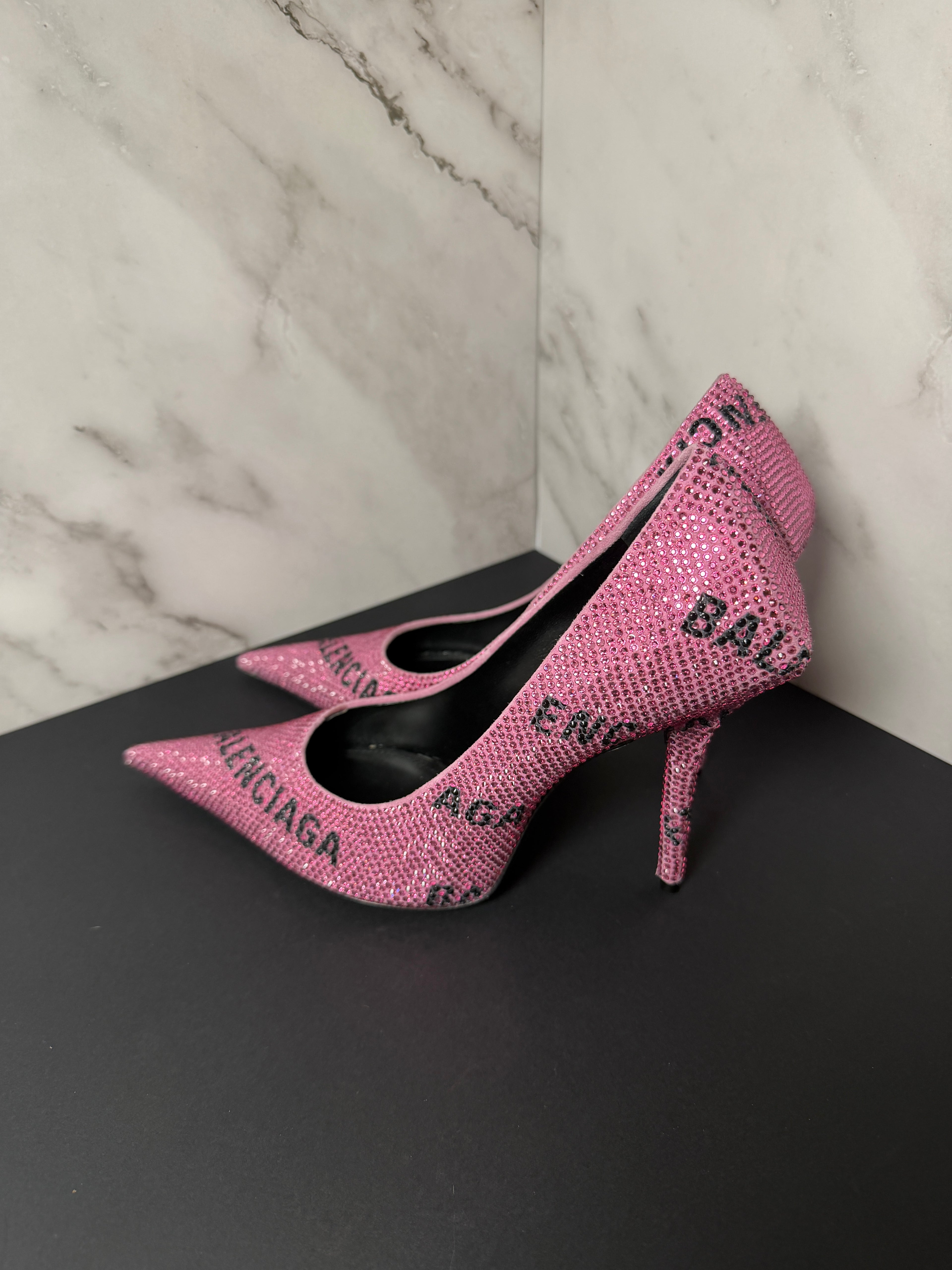 Balenciaga Square Knife Strass Logo Pink Rhinestone Embellished Pointed-Toe Pumps - New