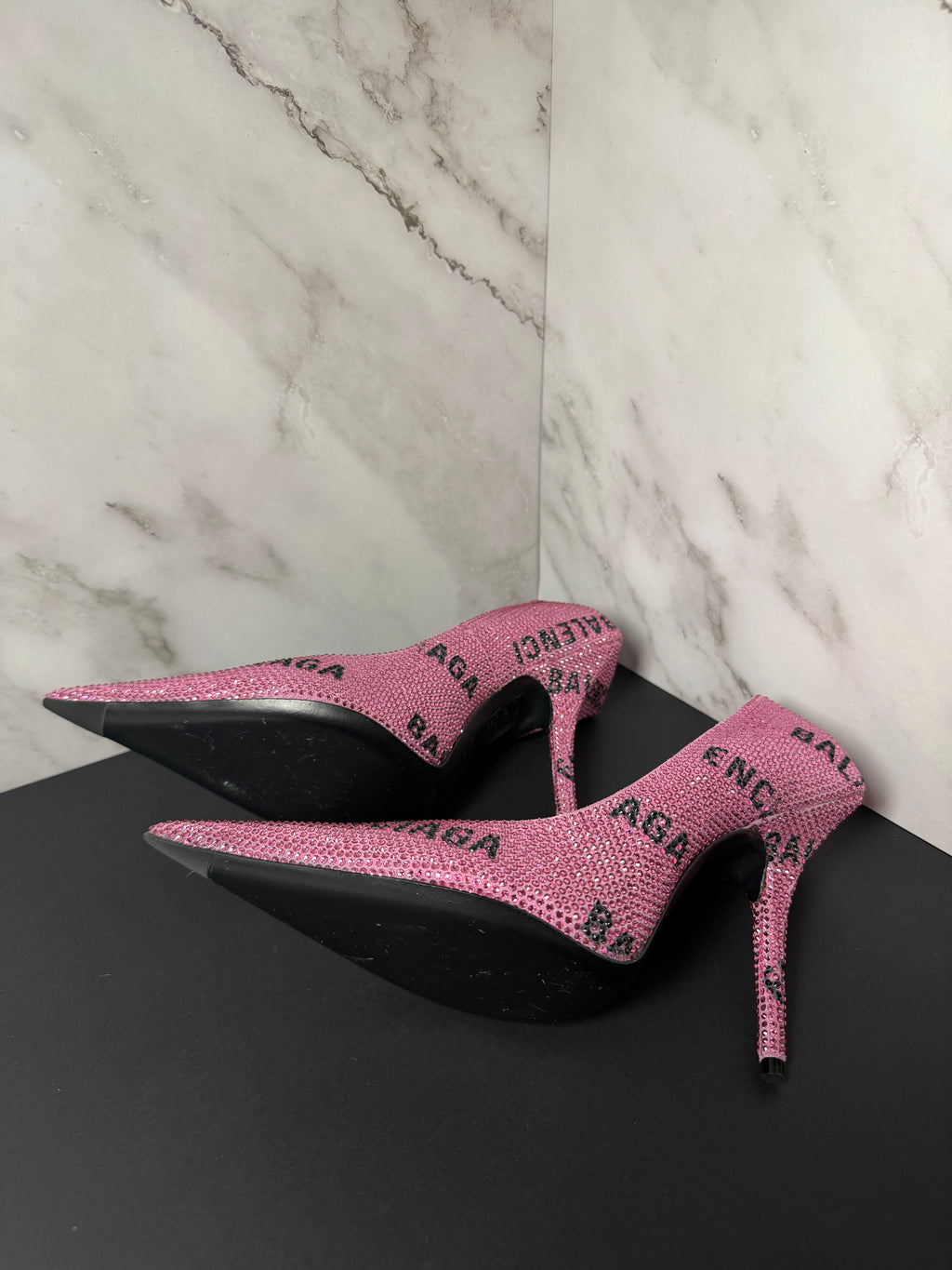 Balenciaga Square Knife Strass Logo Pink Rhinestone Embellished Pointed-Toe Pumps - New