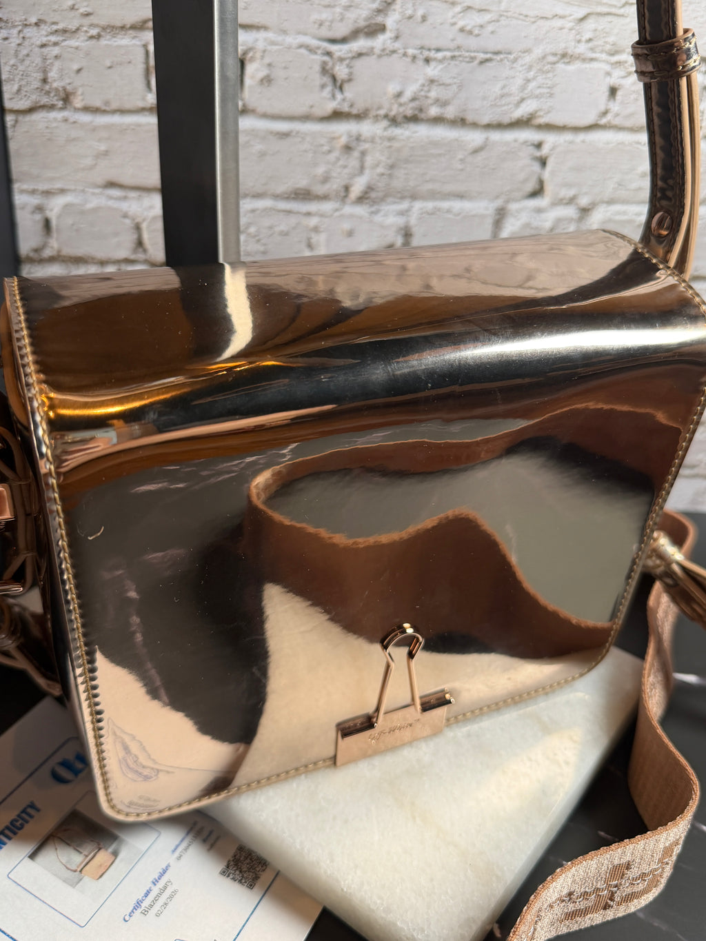 Off-White Rose Gold Binder Clip Flap Bag