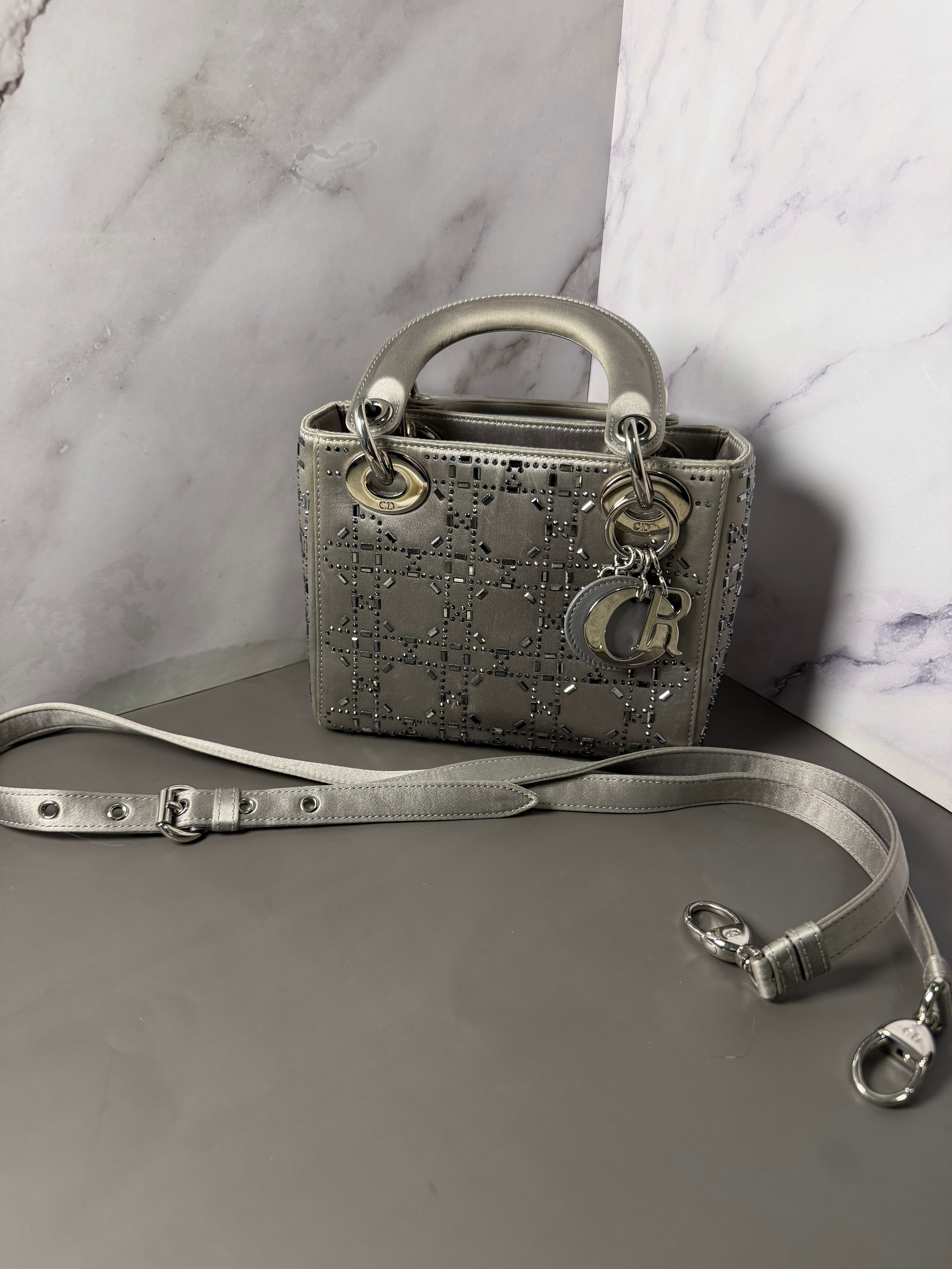 Christian Dior Satin Crystal Cannage Mini Lady Dior